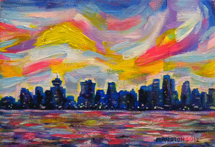 Original artwork, acrylic painting, skyline, cities, city art, prints, pink, red, orange, floral, prints, paintings, colorful, Vancouver, Vancouver Harbour, colorful, colors, sunsets, evening, BC, British Columbia, Canada, art by Morgan Ralston