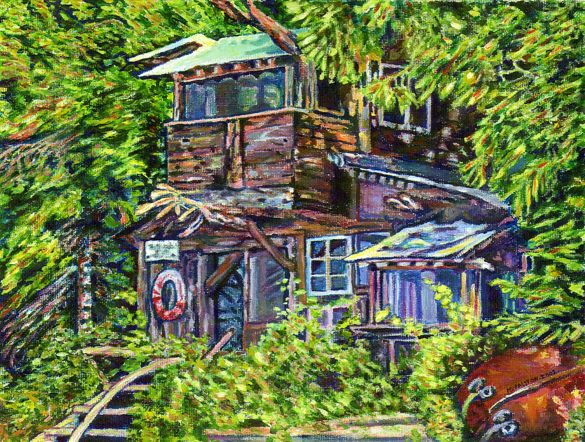 Acrylic painting of a denman island boathouse by Morgan Ralston