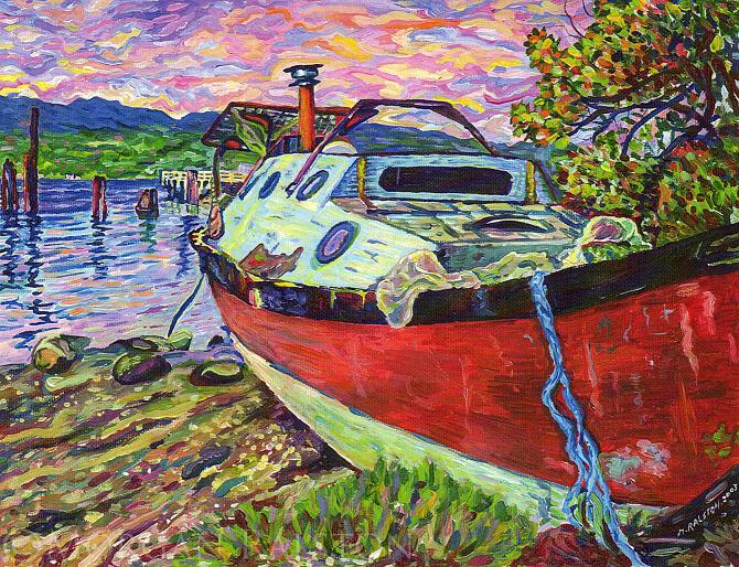 Acrylic painting of a beached sailboat on Denman Island by Morgan Ralston