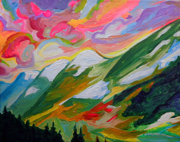 Acrylic landscape painting of the mountains and sky along the Coquihalla Hightway in British Columbia, Canada by Morgan Ralston