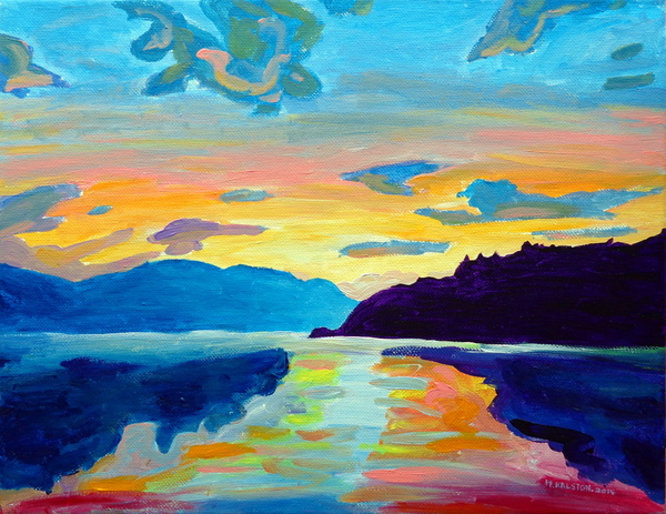 Acrylic landscape painting of Lake Okanagan from the bridge by Morgan Ralston