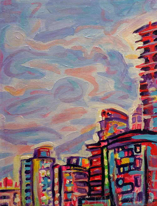 Original acrylic painting, city art, downtown, lights, buildings, pink, skyscrapers, towers, buildings, construction, colorful, Vancouver, BC, British Columbia, Canada, art by Morgan Ralston