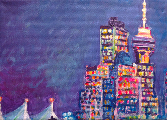 Original acrylic painting, M Ralston, Morgan Ralston, Gastown, colorful, city, downtown, buildings, cars, Vancouver, BC, British Columbia, Vancouver Place, skyline, Canada, art by Morgan Ralston