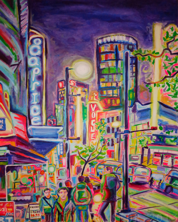 Original acrylic painting, city art, downtown, lights, cars, neon, colorful, Vancouver, BC, British Columbia, Canada, art by Morgan Ralston