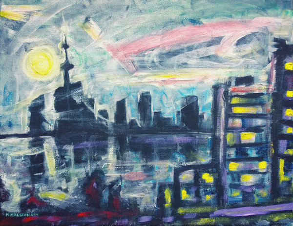 Acrylic painting of a city from imagination by Morgan Ralston