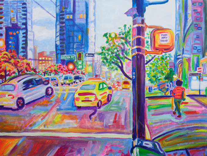 Original acrylic painting, city art, downtown, lights, cars, neon, colorful, Vancouver, BC, British Columbia, Canada, art by Morgan Ralston